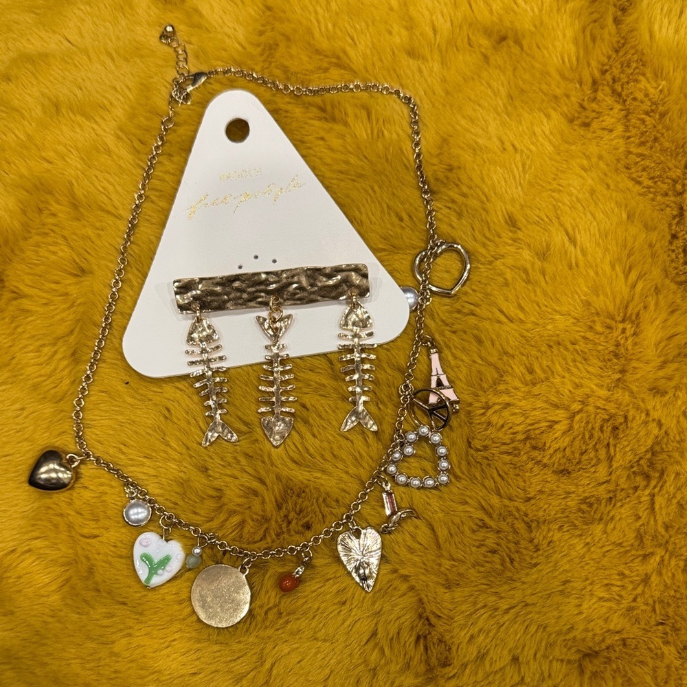 BUNDLE: Gold Charm Necklace and Free People Fish broach